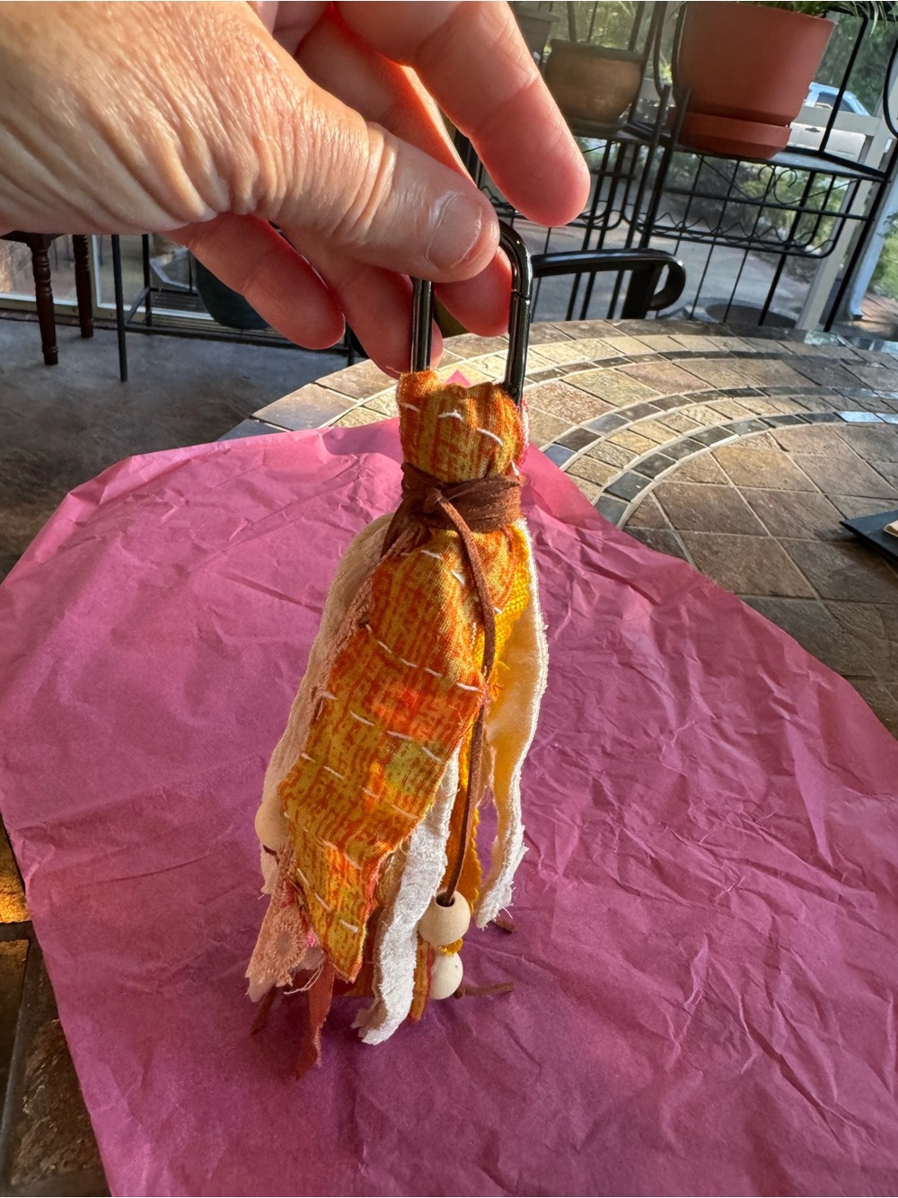 Handmade Orange Fabric Tassel Keychain/Purse Charm with Wooden Beads